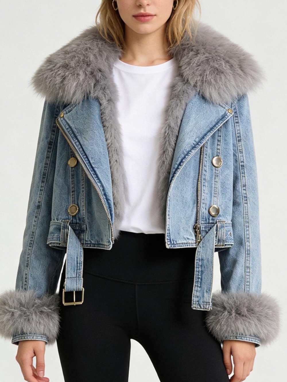 Women’s Faux Fur Lined Denim Moto Jacket Belted Gray Fur Size S